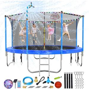Lyromix 12FT Trampoline Outdoor,Light/Sprinkler/Basketball Hoop, Blue