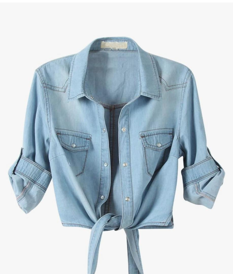 Omoone Women's 3/4 Sleeve Denim Crop Top Tie Knot Shirt Cardigan, M