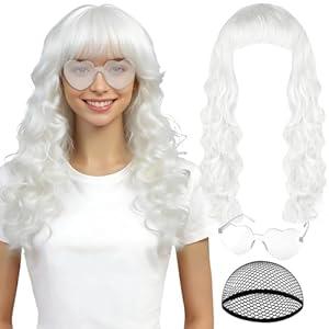 PLULON White Wave Wig with Heart Sunglasses for Women, Colorful Funny Long Curly Wigs with Bangs Neon Synthetic Wavy Hair Cosplay Hairpieces for Fancy Dress Drag Queen Bachelorette Theme Party