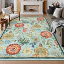 GarveeHome 4x6 Floral Washable Area Rug: Large Living Room Area Rug with Non-Slip Backing Washable Ultra Soft Bedroom Floral Carpet Indoor Stain Resistant Carpet for Dining Room 4 x 6 ft Light Blue