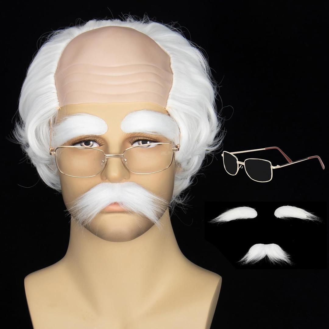 Miss U Hair Old Man White Wig and Mustache Eyebrows Glasses Bald Cap With Hair On Sides Balding Grandpa Wig