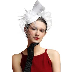 Fascinators Hat Feather Headband Women's Fascinators Tea Party Headwear with Clip Derby Hat for Girls and Women (5 White)
