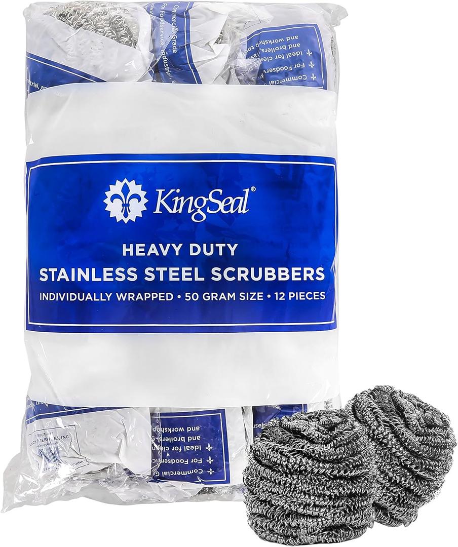 24 Count | KingSeal Stainless Steel Scrubbers, Scrub Pads, Heavy Duty, 50 gram Weight, Individually Wrapped - 2 Packs of 12 Scrubbers