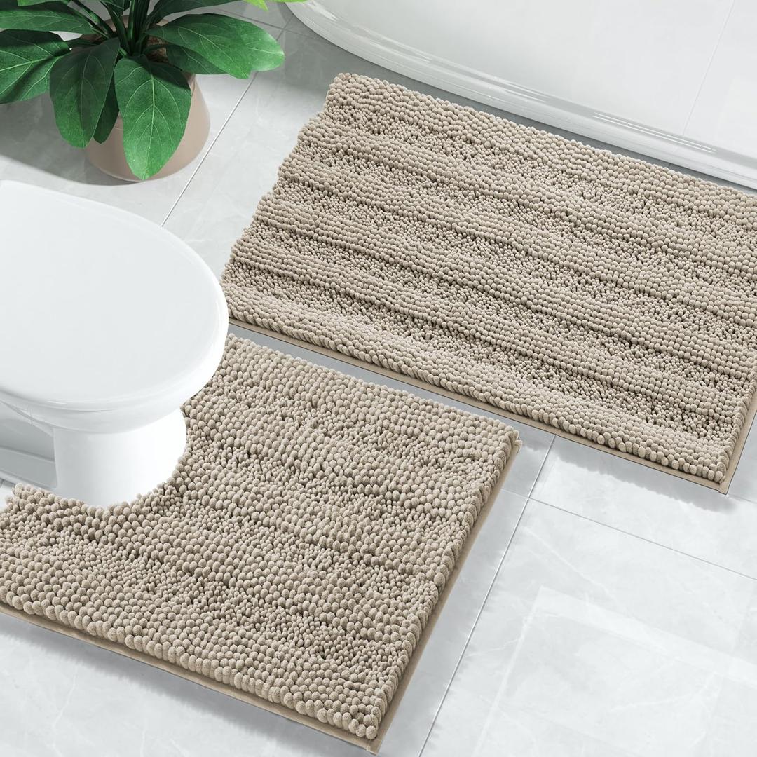 Yimobra Luxury Chenille Shaggy Bathroom Rug Set, 2 Pack Soft Fluffy Plush U Shaped Toilet Bath Mat, Extra Thick, Non-Slip, Water Absorbent, Machine Washable (Camel, 17" x 24"+20" x 24.4".4")