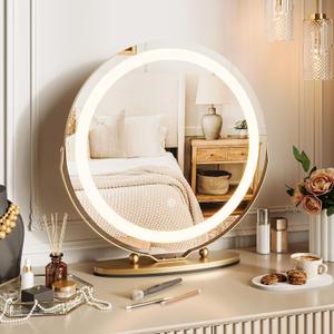 19" Round Vanity Mirror with Lights, Large Makeup Mirror with 3 Color Lighting Dimmable, Smart Touch Control, 360°Rotation Vanity Mirror for Bedroom, Dressing Room, Tabletop, Easy to Install, Gold
