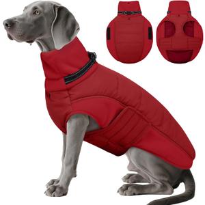 DENTRUN Dog Coat with Collar Built in - Water-Repellent Reflective Dog Coat, Double-Layer Fleece Belly, Adjustable Neck & Chest, Ideal for Bulldog, Cocker Spaniel, Red, L