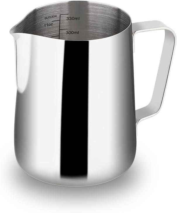 Watchget Milk Frothing Pitcher 350ml/600ml/900ml/1500ml (12oz/20oz/32oz/52oz) - Stainless Steel Espresso Steaming Pitcher for Cappuccino, Latte Art, Milk Jug Coffee Frother Cup, Silver (11.8 Ounces)