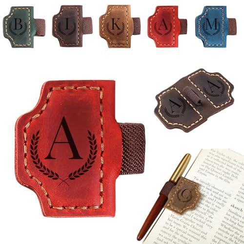 Magnetic Bookmarks with Pen Holder, A Letters Name Initial Personalized Leather Book Mark, Gifts for Book Lovers Readers Teacher Women Men, A