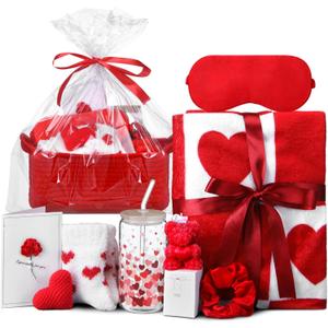 9 Pcs Valentines Day Basket Gift for Her, Valentines Spa Relaxation Set with Heart Blanket, Candle, Fuzzy Socks, Glass Cup, Scrunchie, Eye Mask for Women Mom Wife Girlfriend(Love,Red)
