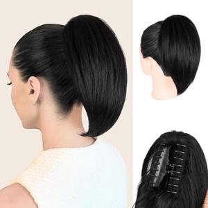 Clip on Ponytails for Women - 10 Inch Short Black Ponytail Extension, Straight Pony Tails Hair Extensions, Synthetic Hair Extensions Ponytail, Natural Hair Pieces for Women (Color: Black)