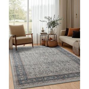 6x9 Washable Non-Slip Area Rug for Living Room, Dining Room, Bedroom Home Office-Vintage Farmhouse Soft Non-Shedding Distressed Low Pile Area Rug (Beige and Blue,6x9)