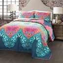 Lush Decor Boho Chic Reversible Cotton Quilt 3-Piece Set, King, Turquoise & Navy - Bright Paisley Print, Vibrant & Colorful Bohemian Bedding Set
