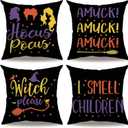 Halloween Decorative Pillow Covers Colorful Sanderson Sisters / Amuck / Hocus Pocus Pillowcases 18x18 Inch Happy Halloween Theme Home Decor Cushion Covers 4Pack for Sofa Couch Patio (Black, 1818)