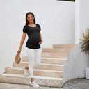 GINKANA Maternity Shirts Square Neck Maternity Tops Casual T-Shirts Ruched Short Sleeve Summer Maternity Tees Tunics Blouses (S)