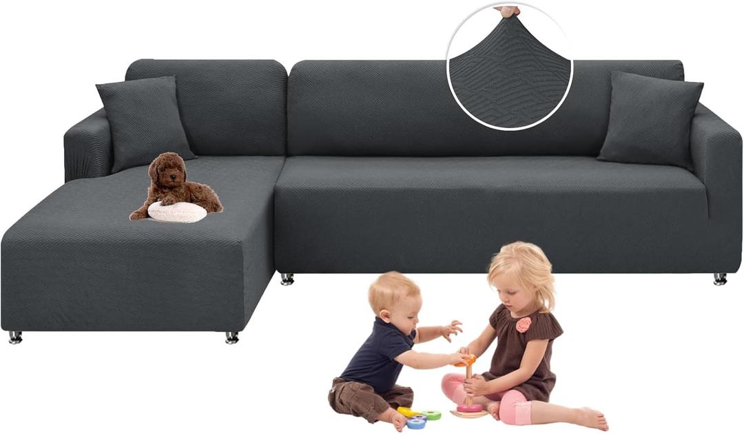 XINEAGE Sectional Couch Cover High Stretch L Shaped Sofa Cover 2 Pieces Non Slip Slipcover with Chaise Furniture Protector with 2 Pillowcases for Pets & Dogs (3 Seat Sofa + 3 Seat Chaise, Dark Gray)