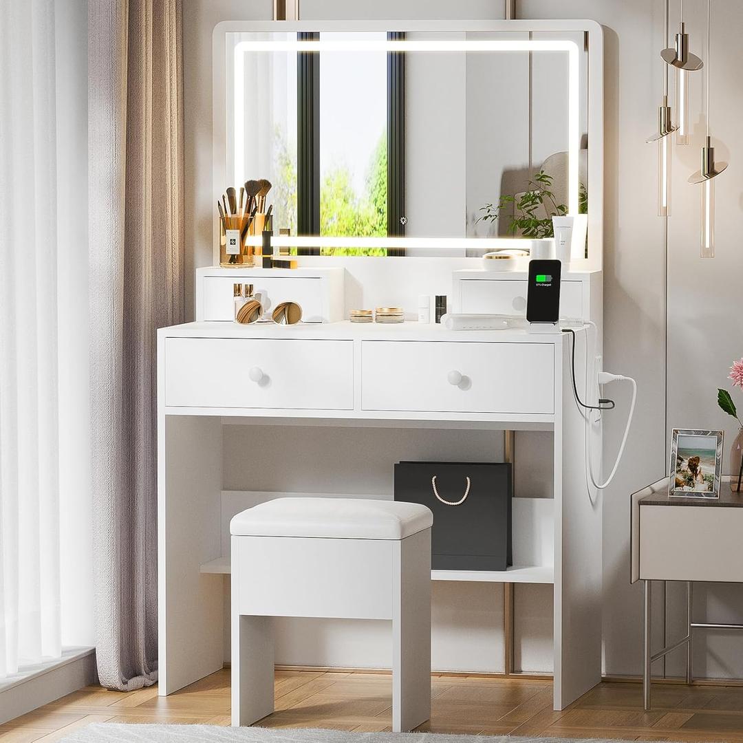 Haewon White Makeup Vanity with Lighted Mirror and Charging Station, Vanity Table Set with Adjustable Lighting, 4 Drawers, Storage Chair for Bedroom