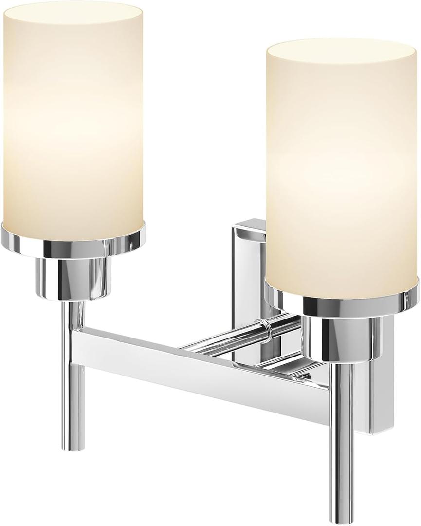 Vanity Lights Polished Chrome Bathroom Light Fixtures with White Frosted Glass Shade, Double Wall Sconces for Mirror Hallway Entrance Porch T001CH-L2 (2-Light)