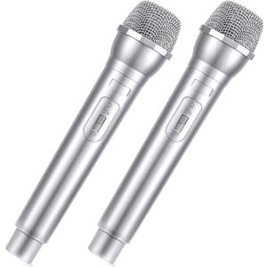 Facmogu 2PCS Fake Plastic Microphone Prop, Realistic Pretend Play Prop Microphone for Halloween, Christmas, Cosplay, Fun Stage Mic Props for Costume, Karaoke, Birthday, Music Party Favor - Silver