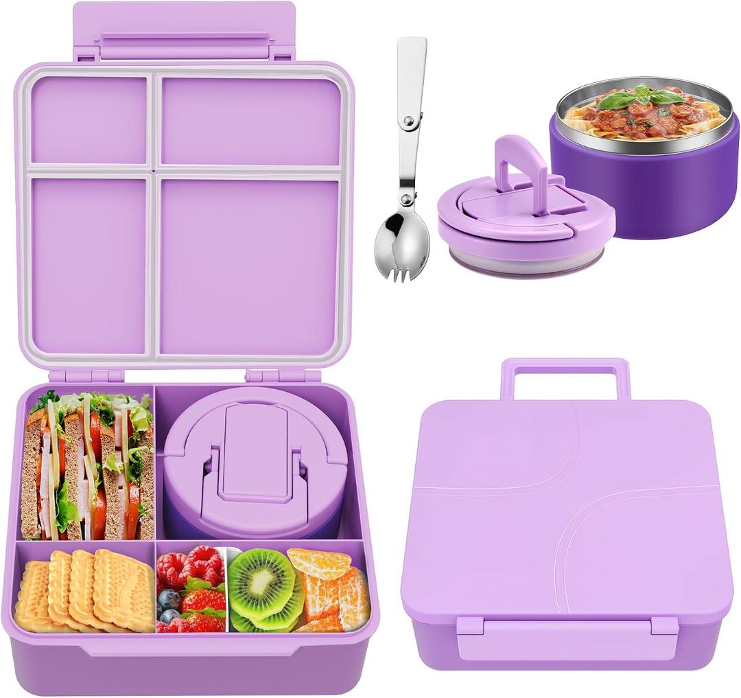 Bento Lunch Box for Kids with 8oz Soup Thermo,Kids Leakproof Lunch Food Containers with 4 Compartment,Kid Insulated Thermo Hot Food Jar for School,Travel-Purple