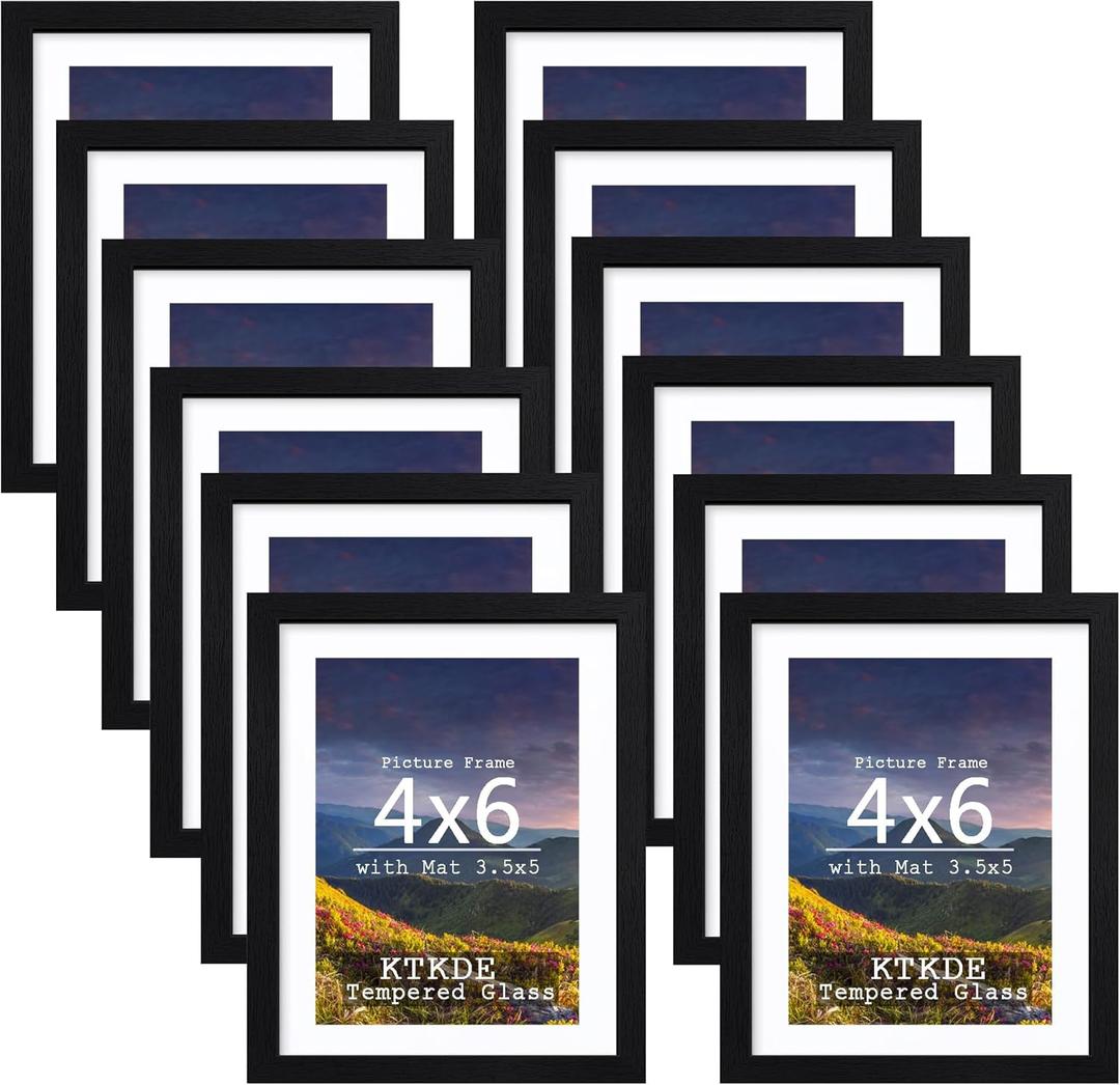 KTKDE 4x6 Picture frame Set of 12,black Woodgrain Photo Frame 3.5x5mat or 4x6 Without Mat, Tempered Glass,4 by 6 small picture frames for Wall or Tabletop Family Friends Wedding Home Decor best gift