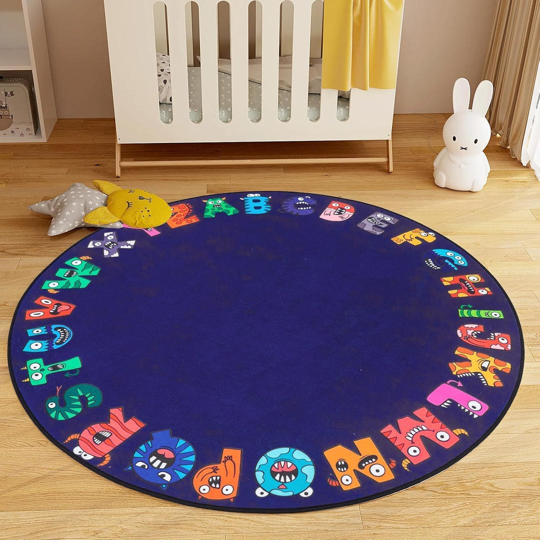 ABC Alphabet Rug for Kids, Classroom Playmat 5ft Non-Slip Circle Rugs for playroom, Round Area Rug for Elementary Classroom, Play Carpet for Boys Girls Bedrooms Playroom, Nursery Rugs, Blue