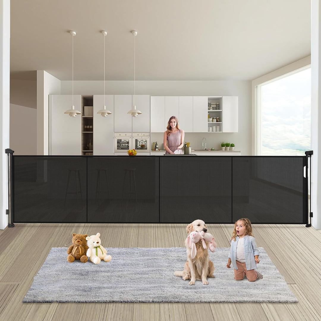 Retractable Baby Gates Dog Gate - 200" Extra Wide Expandable Child Safety Gate, 37" Tall Toddler Pet Mesh Gate with Reinforced Strips for Doorways, Stairs, Hallways, Outdoor & Indoor Large Openings