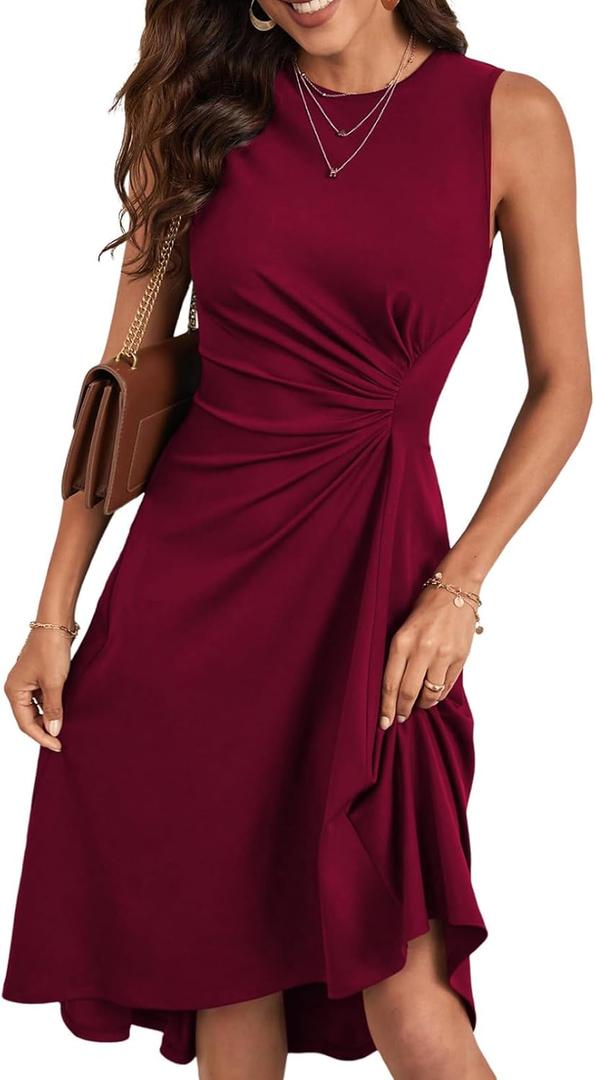Happy Sailed Women's Summer Sleeveless Ruched Waist Slim Fit A Line High Low Midi Cocktail Party Dress for Wedding Guest Fashion Women Clothing 2025 Burgundy Small