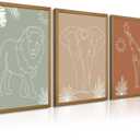 Safari Nursery Wall Art Pictures Baby Animal Canvas Wall Decor Boho Jungle Wall Art Kids Minimalist Poster Elephant Giraffe Lion Prints Nursery Safari Artwork for Bedroom 12x16 Inch Wood Framed Set of 3