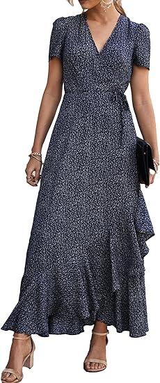 PRETTYGARDEN Women's Summer Wrap Maxi Dress Casual Boho Floral V Neck Short Sleeve Ruffle Hem Split Beach Long Dresses
 XL (Blue)