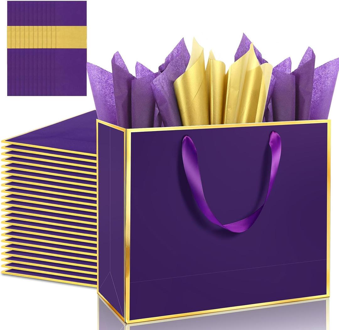Addblu 12 Pack Large Gift Bags with Handles - Includes 36 Tissue Papers, 11.8x10x4 Inches for Thank You, Wedding, Bridesmaid, Birthday Party, Valentine's Day, Holiday (Purple and Gold Trim, 12Pcs)