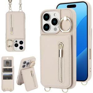 Crossbody Wallet Case for iPhone 14 Pro Max with Lanyard Strap Card Slot Holder RFID Blocking Ring Kickstand,Magnetic Flip Folio Zipper Purse Case, PU Leather Cover Handbag,Beige