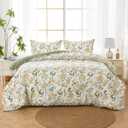 Mooreeke Floral Queen Size Comforter Sets, Vintage Green and Yellow Botanical Printed Bedding for All Seasons, 3-Piece Vintage Bed in a Bag with Fluffy Quilted Reversible Comforter & 2 Pillow Shams
