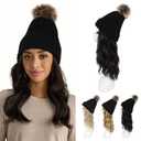 HOOJIH Hat Wig, Hat with Hair Attached Wavy Curly Black Knitted Beanie Wig with Faux Fur Pom 12 Inch Synthetic Hairpiece for Women - Black Brown