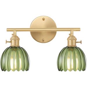 Bathroom Light Fixtures, 2-Light Brass Vanity Wall Light Over Mirror with Green Tulip Glass Shade for Bedroom Living Room (Hardwired, 2 Heads-Tulip Green)