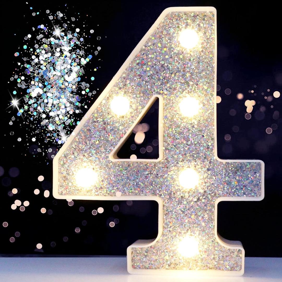 Pooqla Marquee Numbers Lights, Light up Silver Numbers, Glitter Numbers Night Light Battery Powered for Christmas Wedding Home Bar Birthday Party Decoration, Silver Number 4