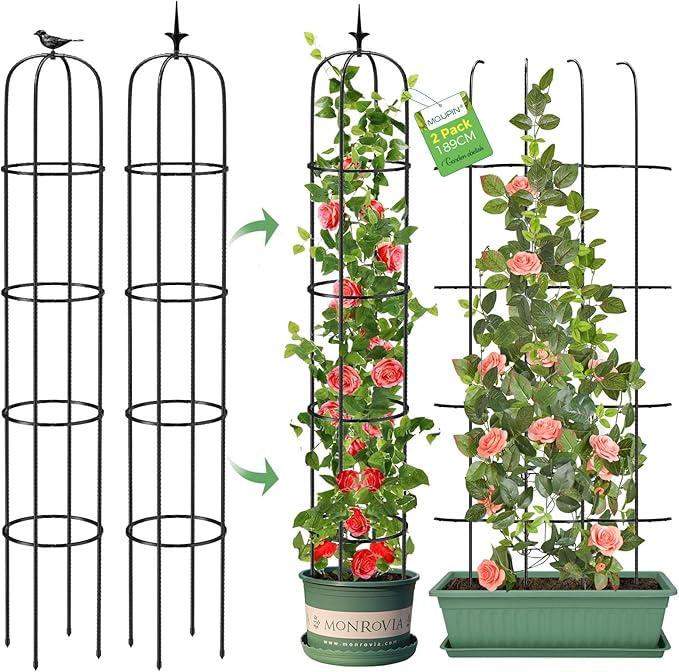 Tower Obelisk Garden Trellis for Climbing Plant，6.2FT/74.4" Rustproof Metal Potted Plant Climbing Support for Indoor Outdoor Flowers Vegetable Fruits Vines Support (2Pcs)
