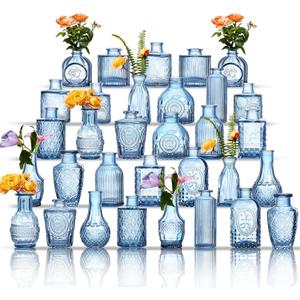 Glass Bud Vases Set of 32 - Blue Assorted Small Mini Glass Vases for Flowers, Crystal Vintage Vase Set, Bulk Centerpieces for Table Dcor, Wedding, Home and Events (Blue, 32 Pcs)