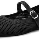 Tanamo Mary Jane Shoes Flats for Women Round Toe Shoes Ballet Flats Comfortable Dressy Adjustable Straps Casual Office Work Wedding Washable Knit Slip On (7.5, Black)