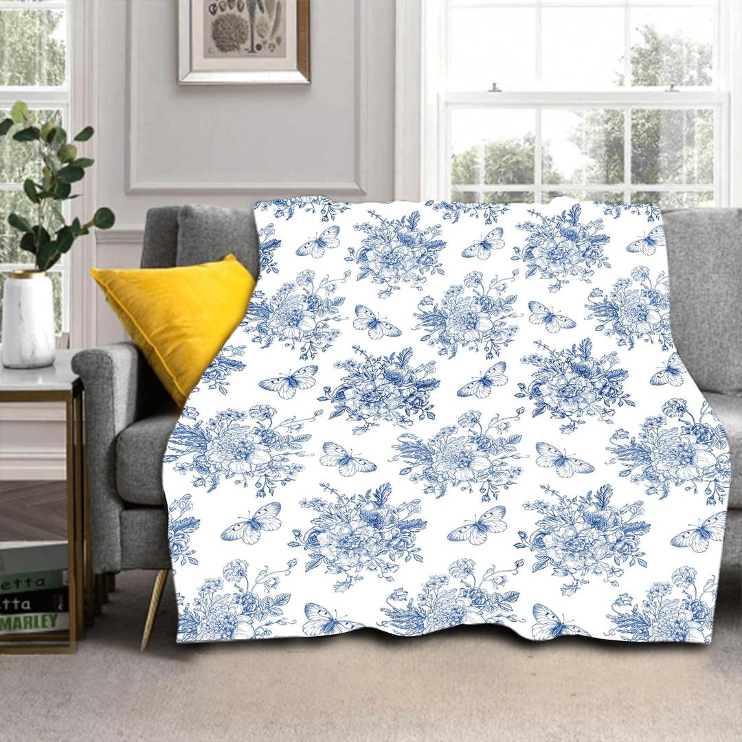 Blue White Floral Blanket 80"x60" Vintage Flower Butterfly Chinoiserie Pattern Design Print Throw Blanket Lightweight Warm Soft Blanket Farmhouse Seasonal Decor for Home Living Room Sofa Couch Bed