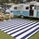 PureCozy Outdoor Waterproof Patio Rug 10x14 Plastic Straw Reversible Lightweight Outside Navy Blue Striped Large Carpet Outdoor for Camping RV Porch Deck Balcony Beach