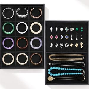 2 PCS Jewelry Drawer Organizer, 12 Grids Jewelry Display Tray Stackable Velvet Jewelrys Trays with Removable Dividers Multipurpose Earring Holder Necklace Bracelet Ring Organizer