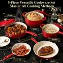 QuliMetal Nonstick Enameled Cast Iron Cookware Set, 5 Pcs Pots and Pans with Lid, Skillet, Frying Pan, Saucepan & Dutch Oven for All Stovetops, PFA Free - Ideal for Sourdough Bread Baking, Red 5PC-D