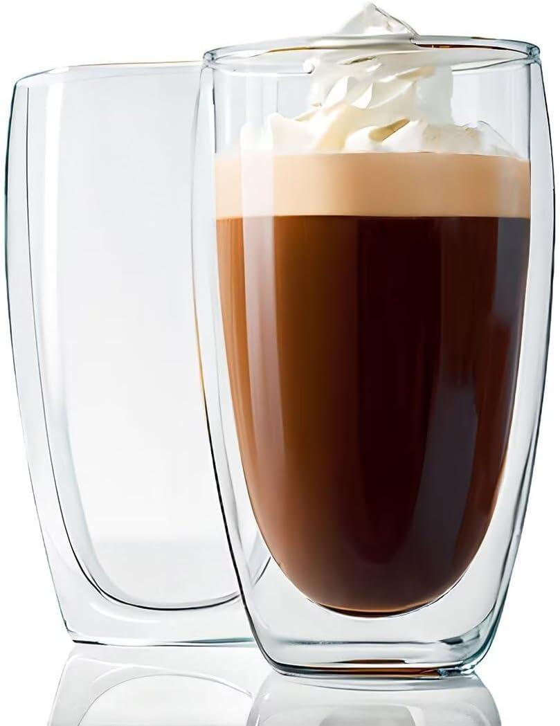 Espresso Cups Set of 2, Double Walled Glass Coffee Mug, High-Heat Borosilicate Glass, 15 Ounces, Clear