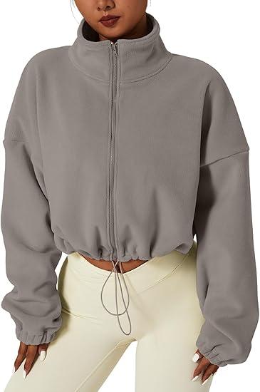 QINSEN Women's Full Zip Fleece Short Jacket Warm Winter Long Sleeve Stand Collar Sherpa Crop Coat,S