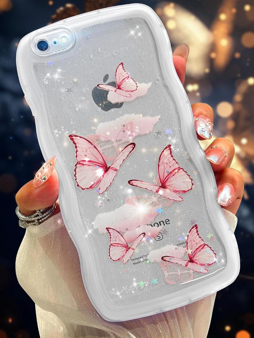 2 x Likiyami for iPhone SE Case 2022/2020/3rd/2rd, iPhone 8 Case, for iPhone 7 Case - Wave Frame Design Women Girls Cute Cover Glitter Bling Butterfly with Clear Soft Silicone Girly Fashion Shockproof