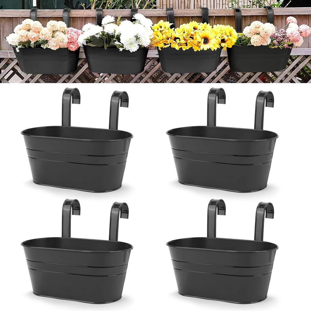 OGIMA 4pcs Hanging Flower Pots, Metal Iron Wall Planter Indoor/Outdoor for Railing Fence Balcony Garden Home Decoration with Detachable Hooks (4x Black)