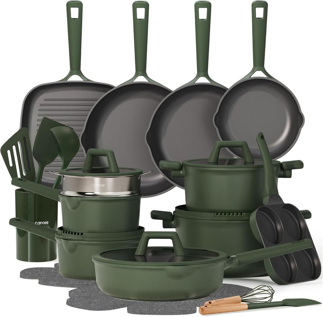 CAROTE 31PCS Pots and Pans Set, Nonstick Cookware Set Kitchen Non Stick Induction Cookware Non-toxic Granite Cooking set (Green)