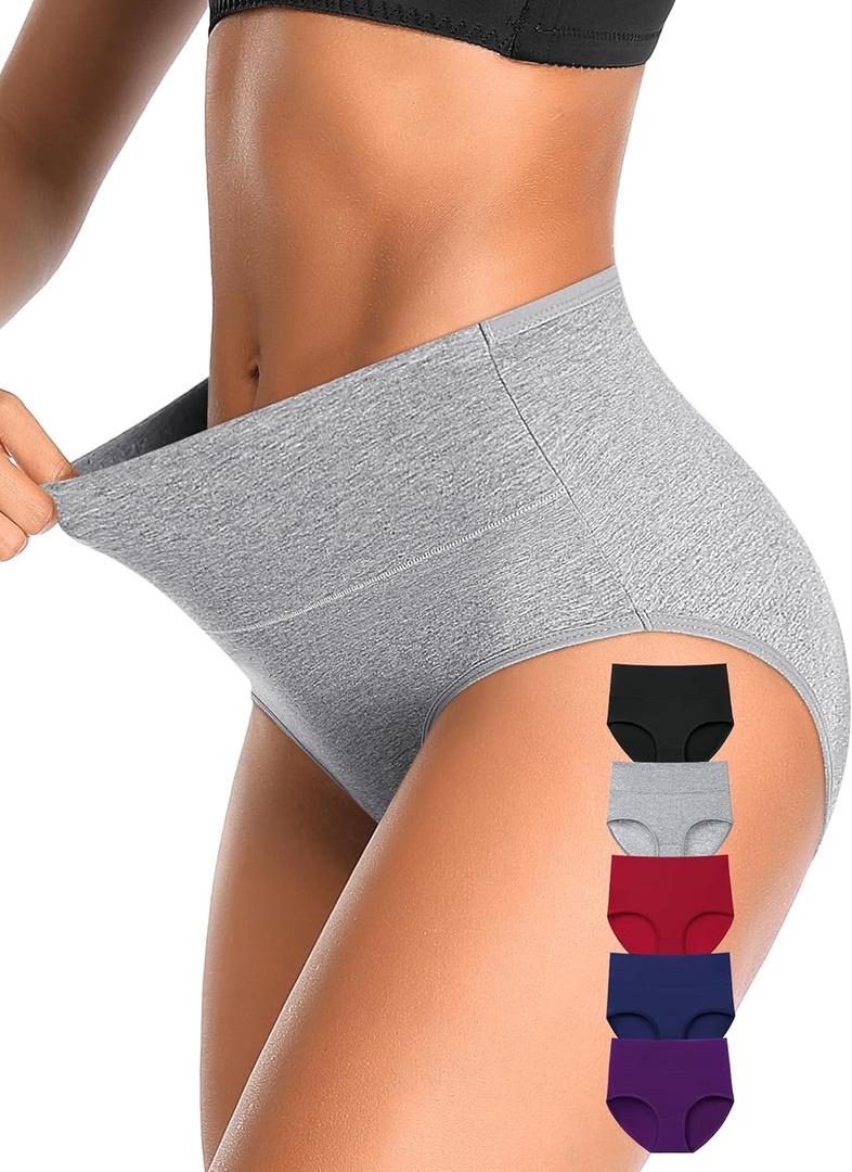 OLIKEME High Waisted Underwear for Women Cotton Slight Tummy Control Panties Postpartum Soft Full Coverage Briefs 5 Pack (X-Large, Multicolor)