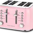 Roter Mond Toaster 4 Slice Retro Stainless Steel with Extra Wide Slots Bagel, Defrost, Reheat Function, Dual Independent Control Panel, Removable Crumb Tray, 6 Browning Levels, Pink