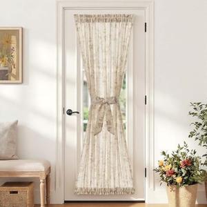 jinchan Floral French Door Curtain Panel Farmhouse Decor Light Filtering Linen with Tie Up Bow for Glass Door or Patio 72 Inch Length Rod Pocket 1 Panel Taupe on Linen